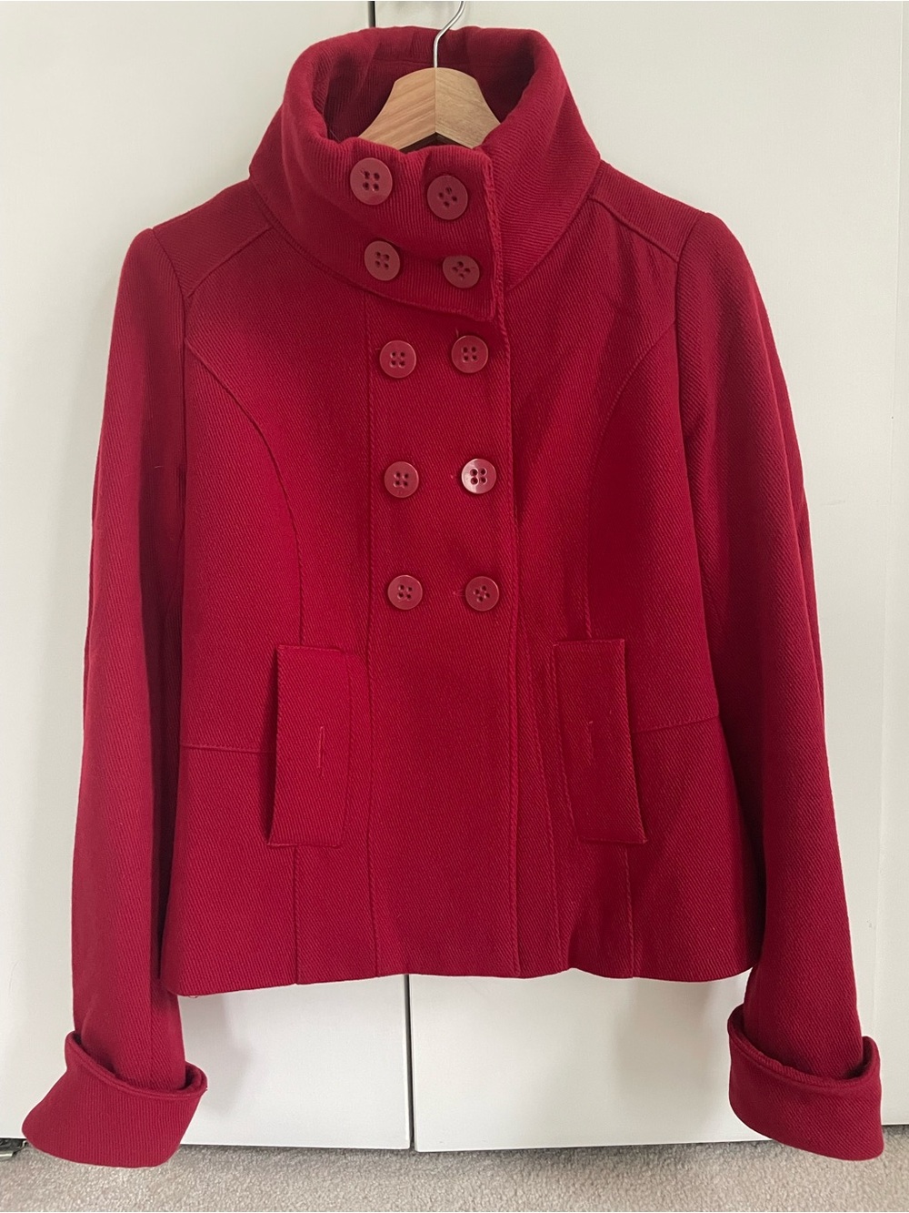 Stradivarius Red Wool Blend Short Double Breasted Pea Coat Jacket Size M